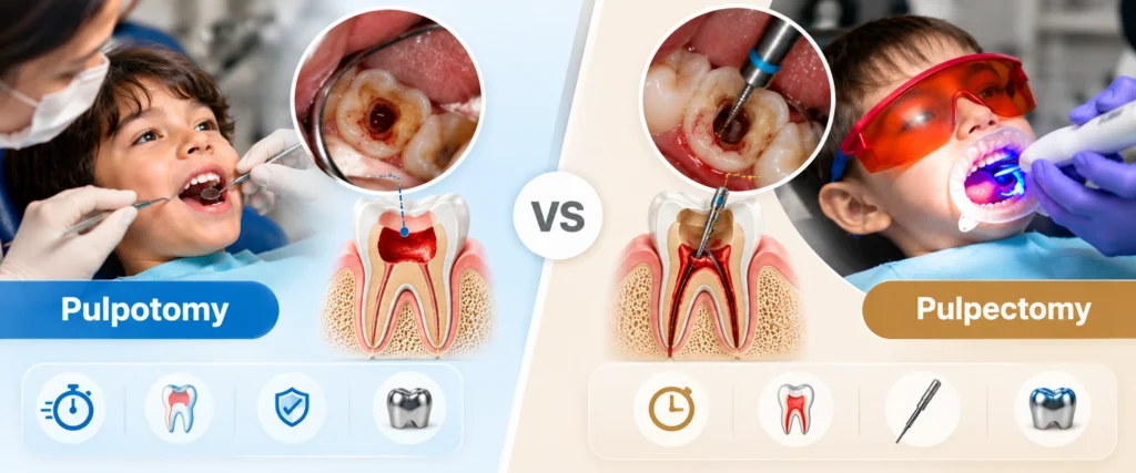 Pulpotomy vs Pulpectomy - The Core Difference